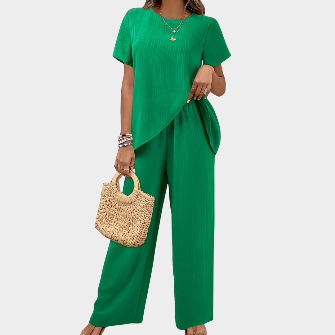 Women Two-Piece Set – Round Neck Short Sleeve Top with Irregular Split and Elastic Waist Trousers – Multiple Colours