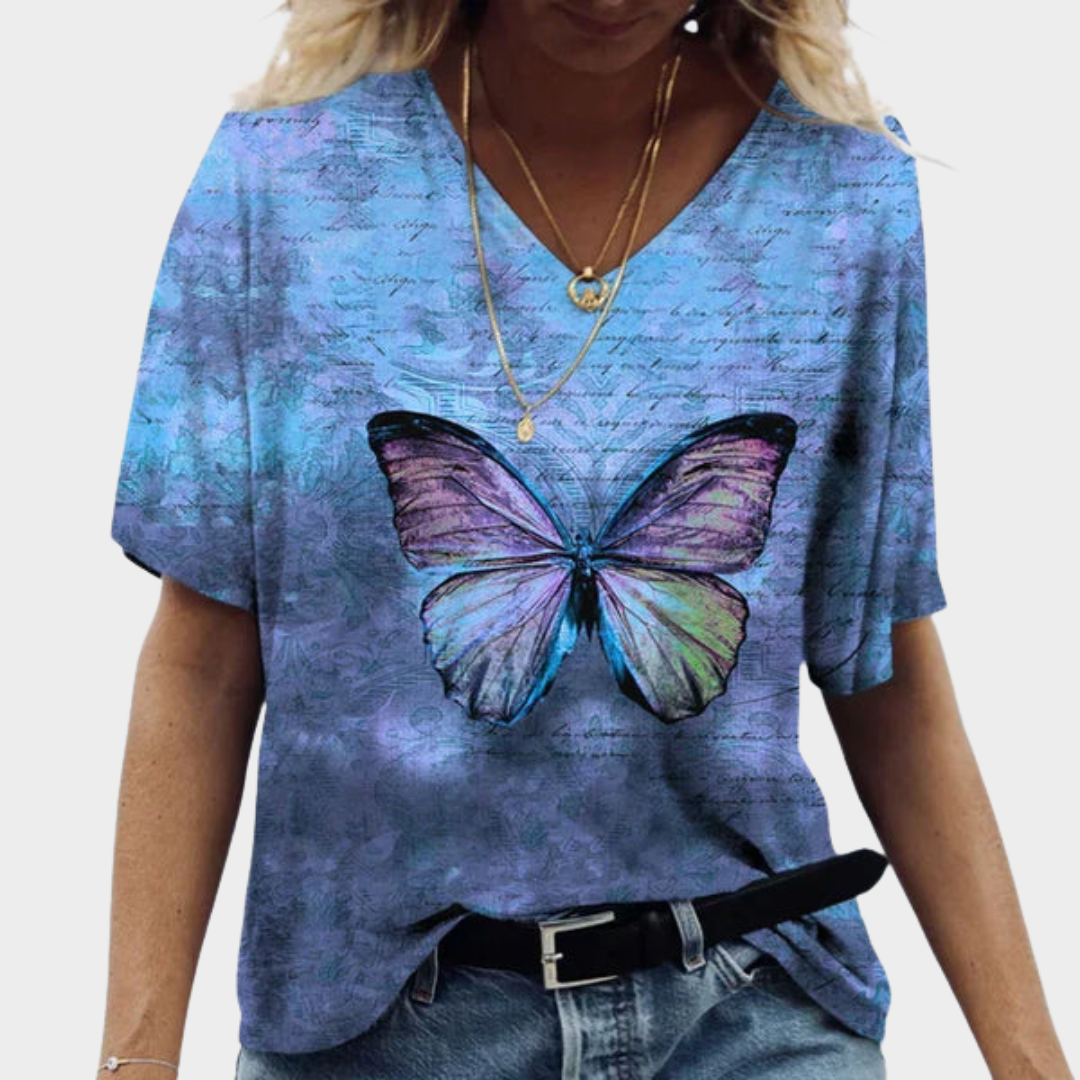 Women’s V-Neck Short Sleeve T-Shirt – Casual Butterfly Print Top – Relaxed Fit Everyday Style – Multiple Colours
