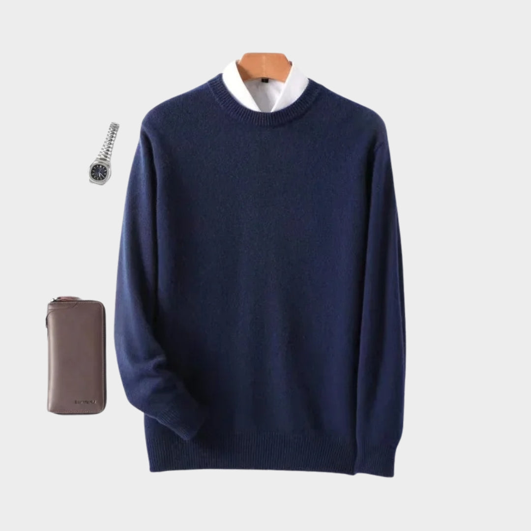 Men's Cashmere Wool Sweater – Business Knitted Round Neck, Blue/Black/Beige/Grey/Navy Blue