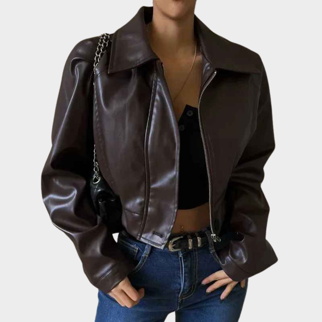 Women's Faux Leather Jacket - Oversized Cropped Coat - Zipper Front - Turn-Down Collar - Brown
