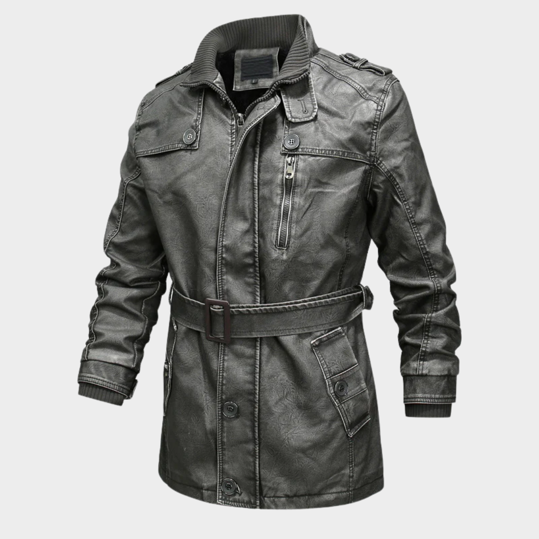 Men’s Belted Trench Coat – Washed Leather Look PU Jacket with Plush Lining and Asymmetrical Zip – Multiple Colours