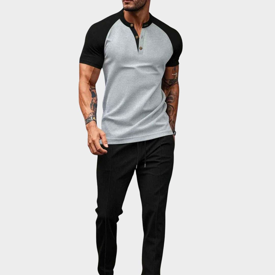 Men's Two-Piece Set – Colour Block Gingham Round Neck Short Sleeve Top with Long Pants – Multiple Colours