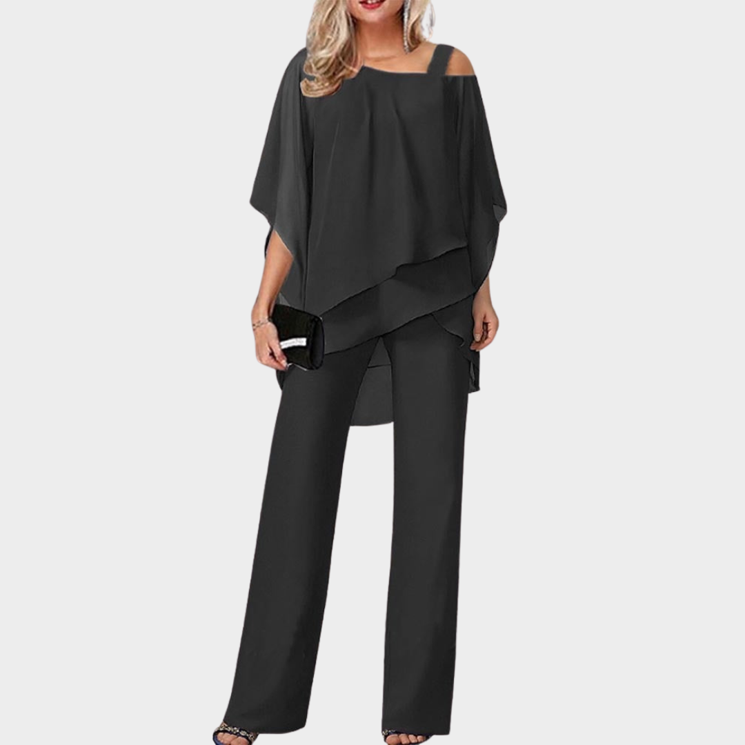 Women's 2-Piece Set – Off-The-Shoulder Top – Batwing Sleeves – Elegant Trousers – Multiple Colours