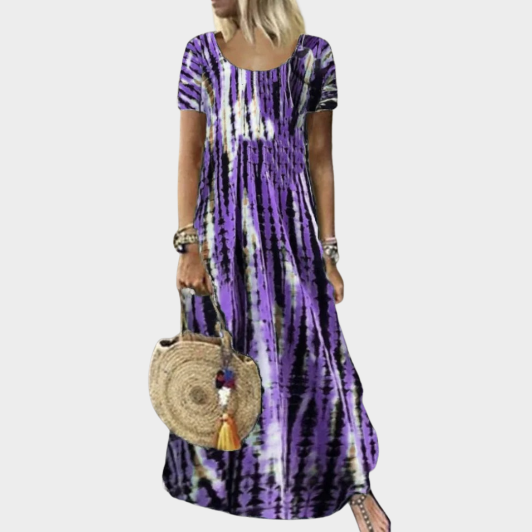 Women Tie Dye Long Dress – Short Sleeve – Casual Fit – Round Neck – Soft Blend – Multiple Colours