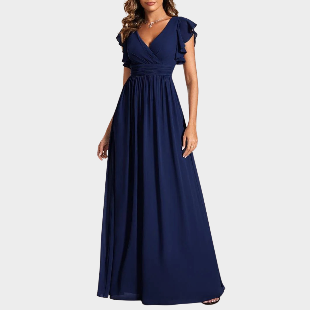 Women’s V-Neck Bridesmaid Dress – Elegant Chiffon Gown with Ruffled Sleeves and Open Back – Multiple Colours