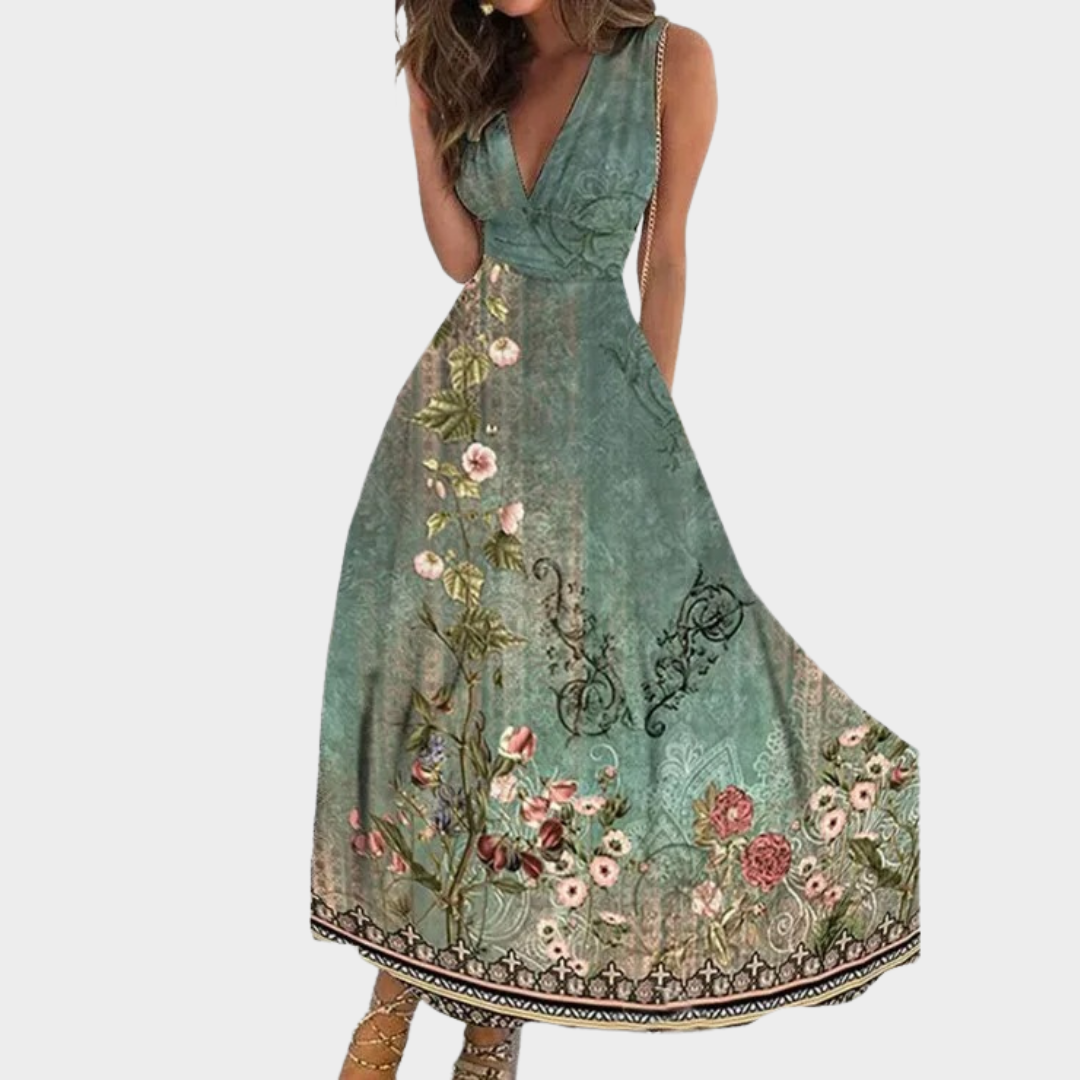 Women’s Bohemian V-Neck Sleeveless Dress – High Waist Printed Tank Dress – Lightweight Fabric – Multiple Colours