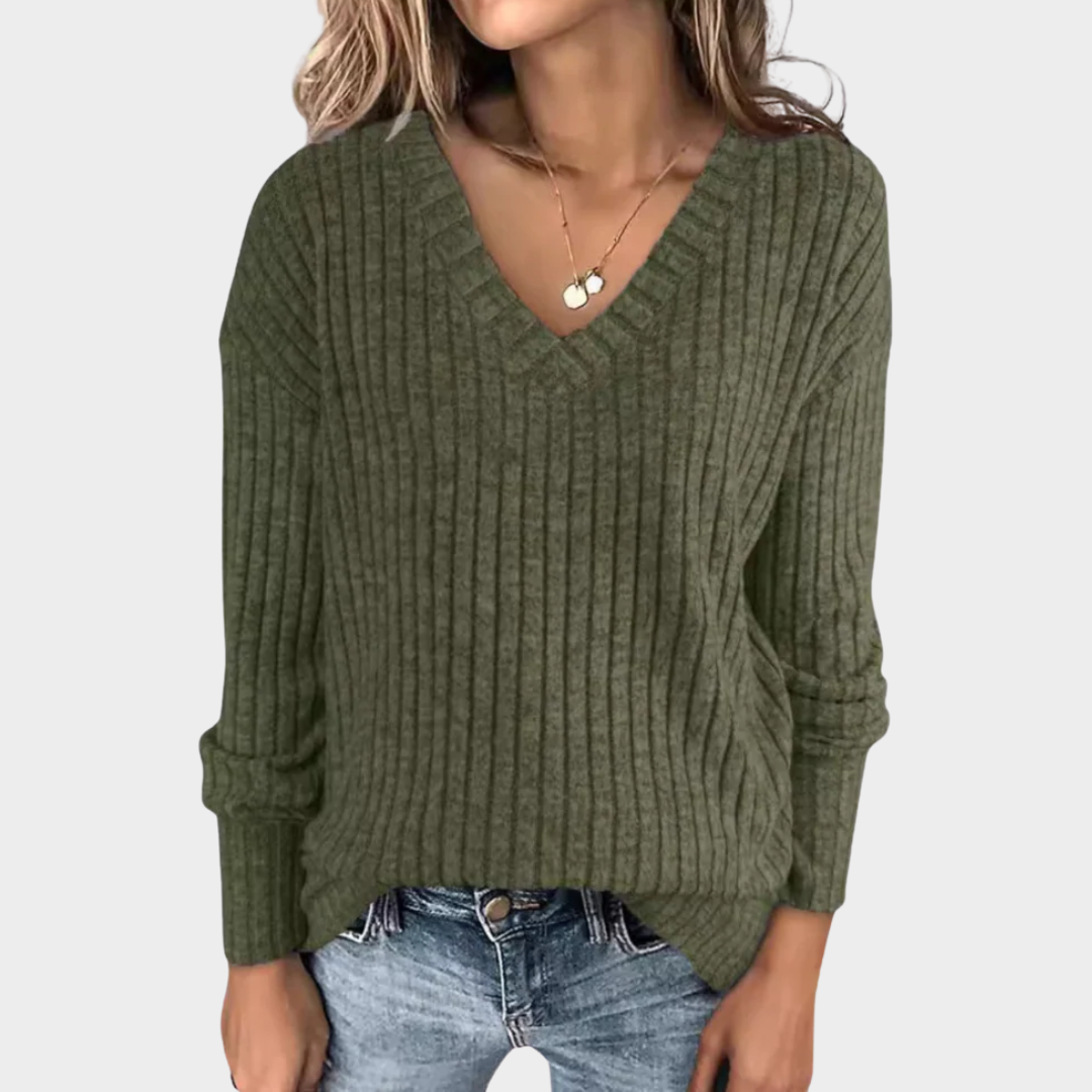 Women Knitted Sweater – Long Sleeve T Shirt Style with Pit Stripe and V Collar – Lightweight Polyester Blend – Multiple Colours