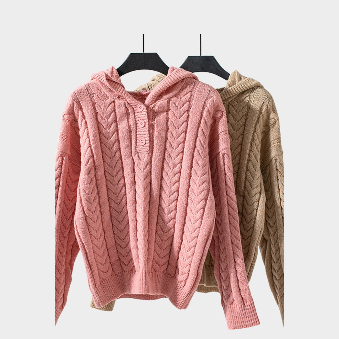 Women’s Hooded Turtleneck Sweater – Thick Cashmere Pullover, Khaki, Pink