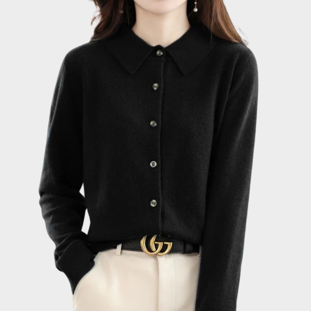 Women’s Merino Wool Cardigan – Soft Knit Polo Neck Sweater with Loose Fit Office Casual Top – Multiple Colours