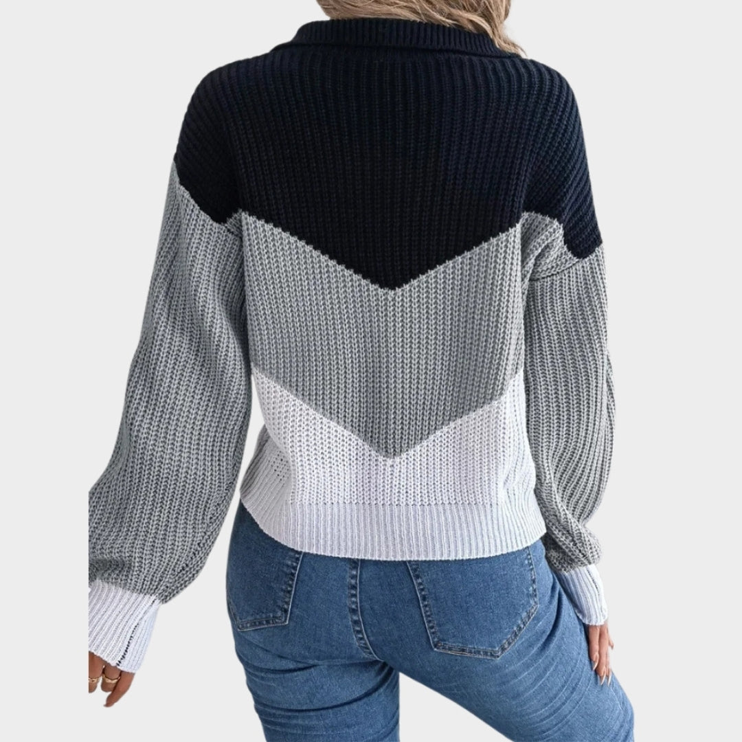Autumn Winter Lapel Women’s Sweater - Thickened Warm Knit, Lantern Sleeve, Patchwork, Multi-Color
