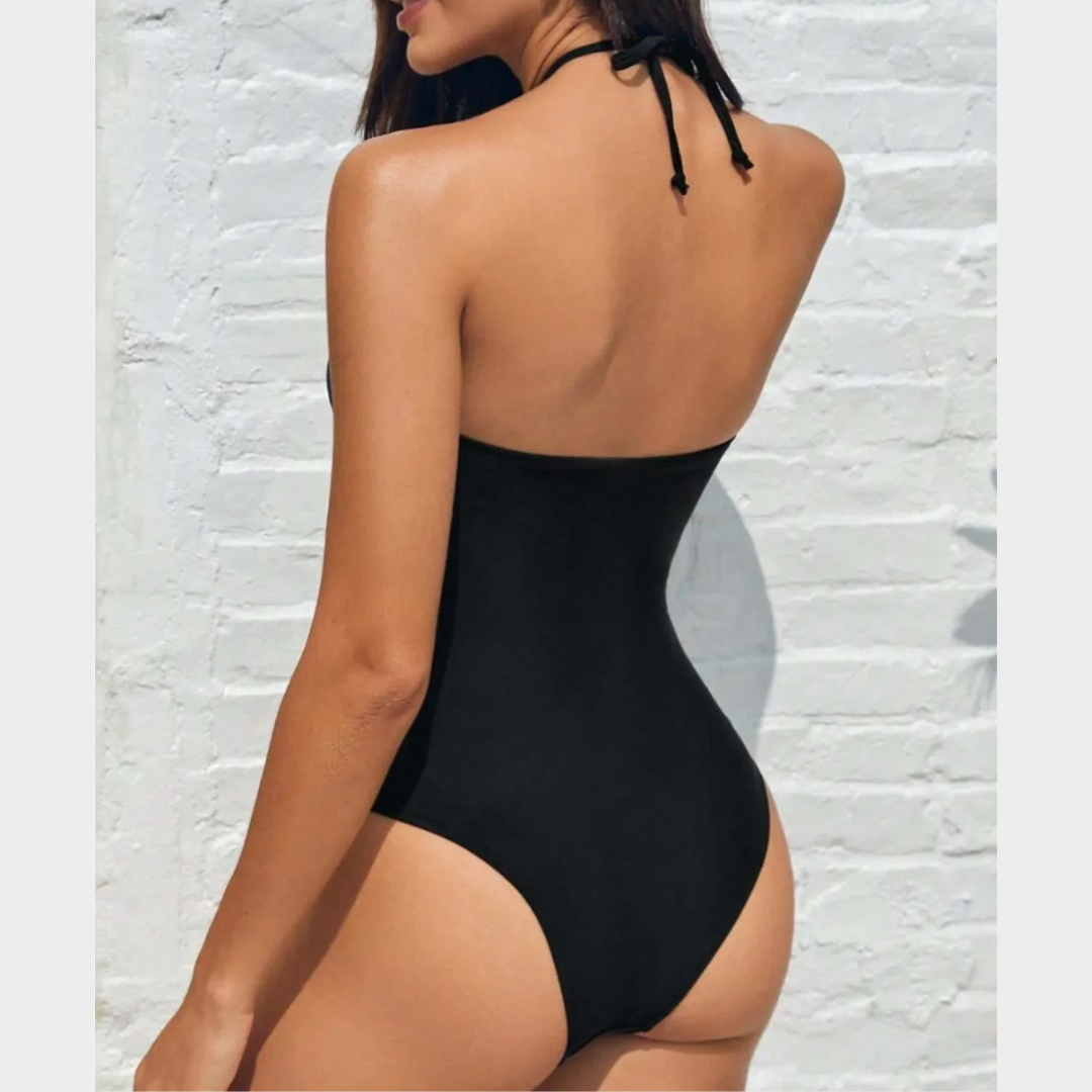 Women One Piece Swimsuit – Halter Neck Backless Design with 3D Floral Detail Slim Fit Monokini – Black