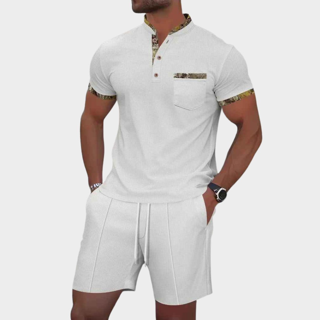 Men's Co-Ord Set – Waffle Zip-Up Lapel Shirt and Shorts Two-Piece – Multiple Colours