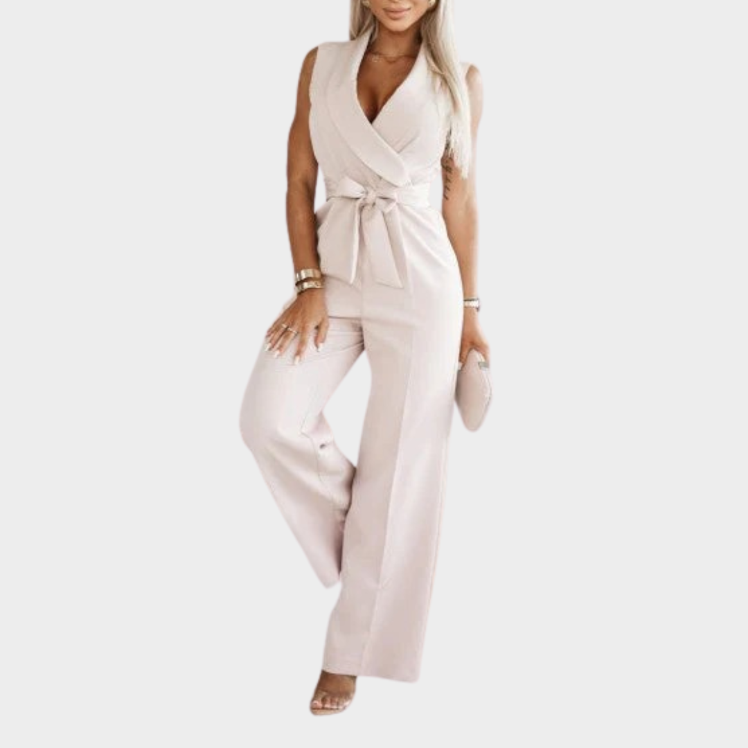 Women’s Elegant Sleeveless Jumpsuit – V Neck Belted Wide Leg – Multiple Colours