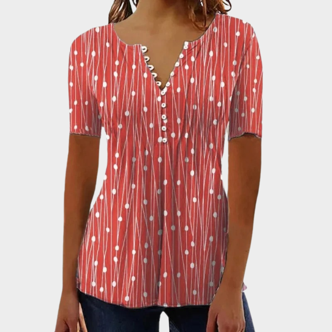 Women’s V-Neck Polka Dot Shirt – Slim Fit Short Sleeve Button Front Blouse – Lightweight Polyester Top – Multiple Colours