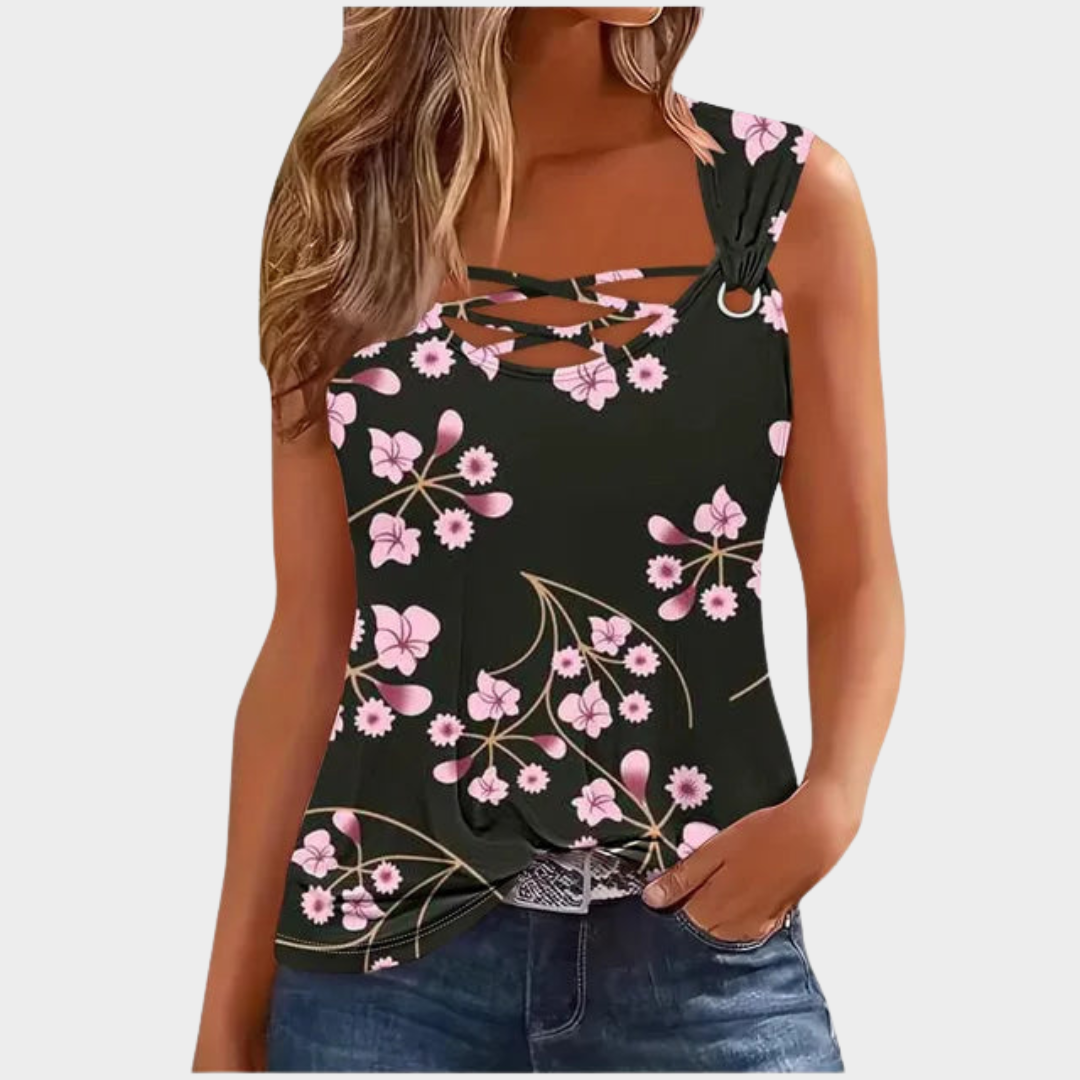 Women’s Sleeveless Hollow-Out Tank Top – Casual Print – Lightweight Relaxed Fit – Multiple Colours