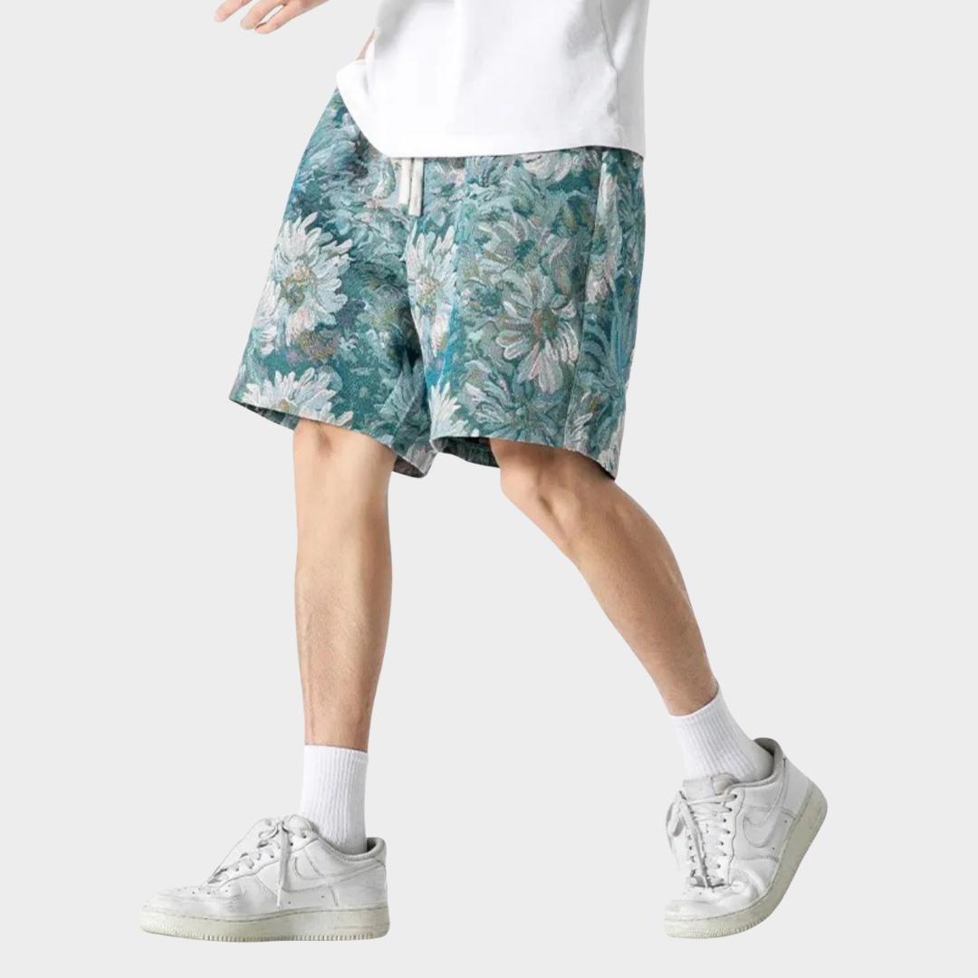 Men’s Retro Jacquard Drawstring Shorts – Casual Loose Fit Beach Pants PU Fabric – Multiple Colours