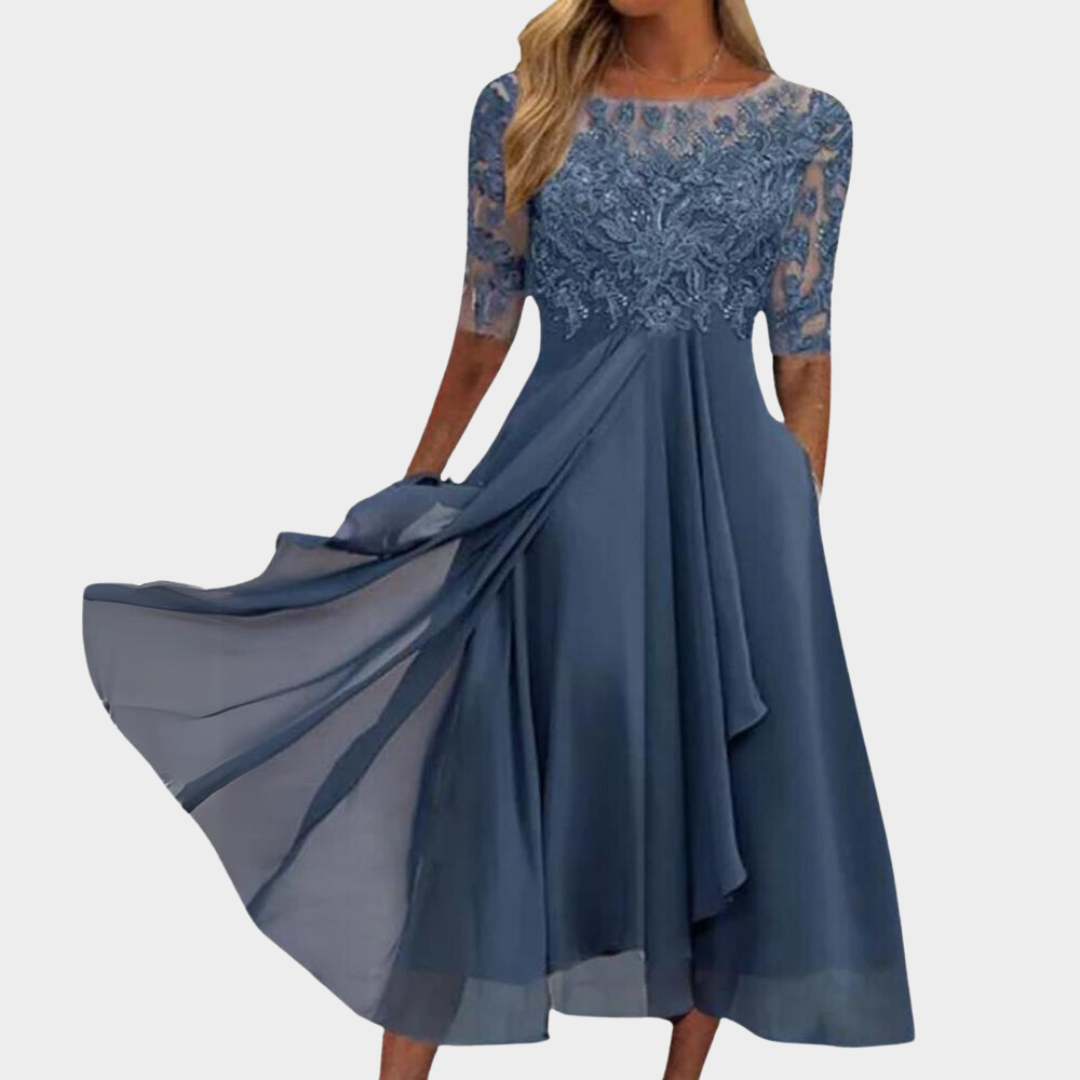 Women's Elegant Lace Chiffon Dress – Flowy Half Sleeve Gown – Evening Party Wear – Multiple Colours