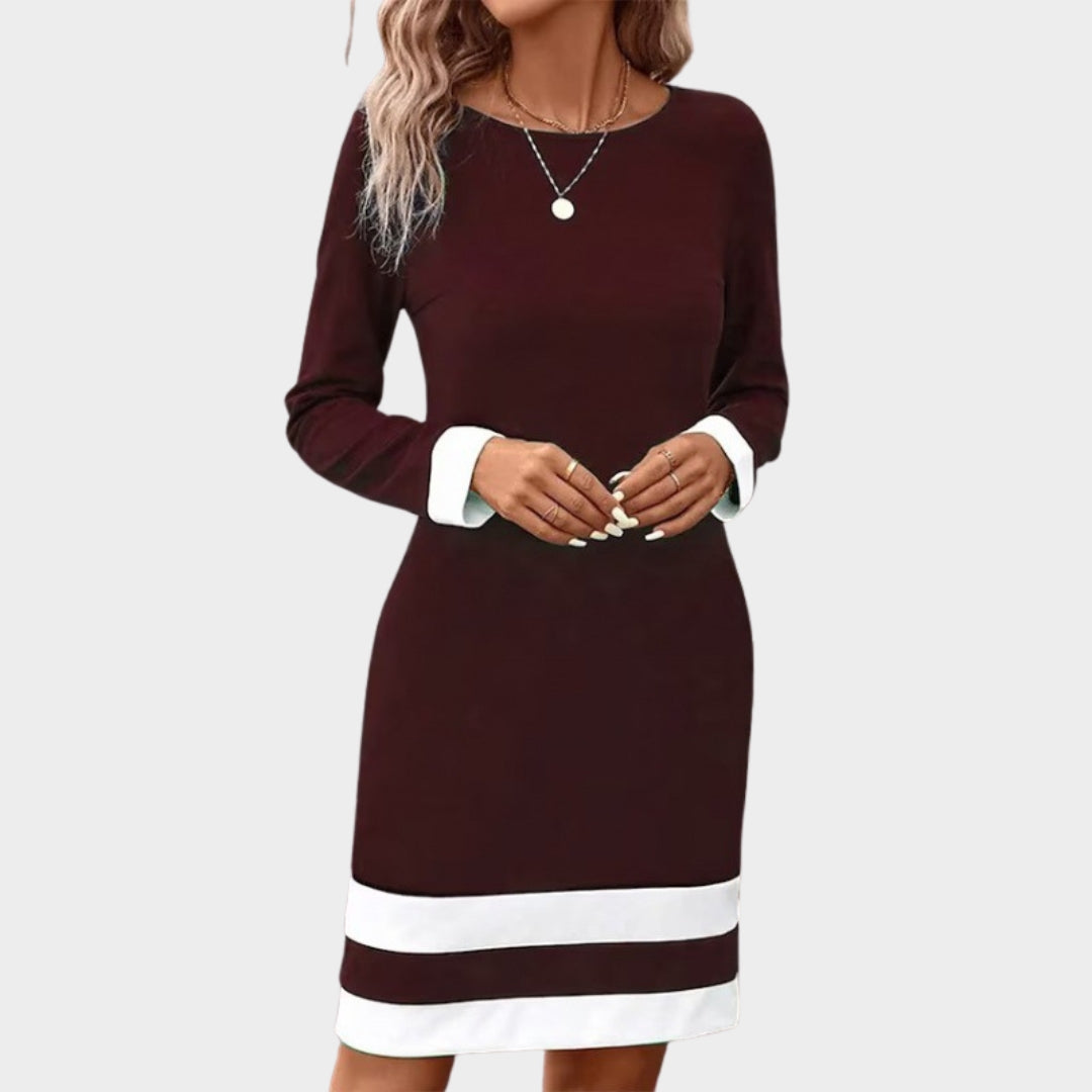 Women's Autumn Winter Fashion Color Block Dress – Round Neck Long Sleeve Casual Fit, Black, Blue, and More