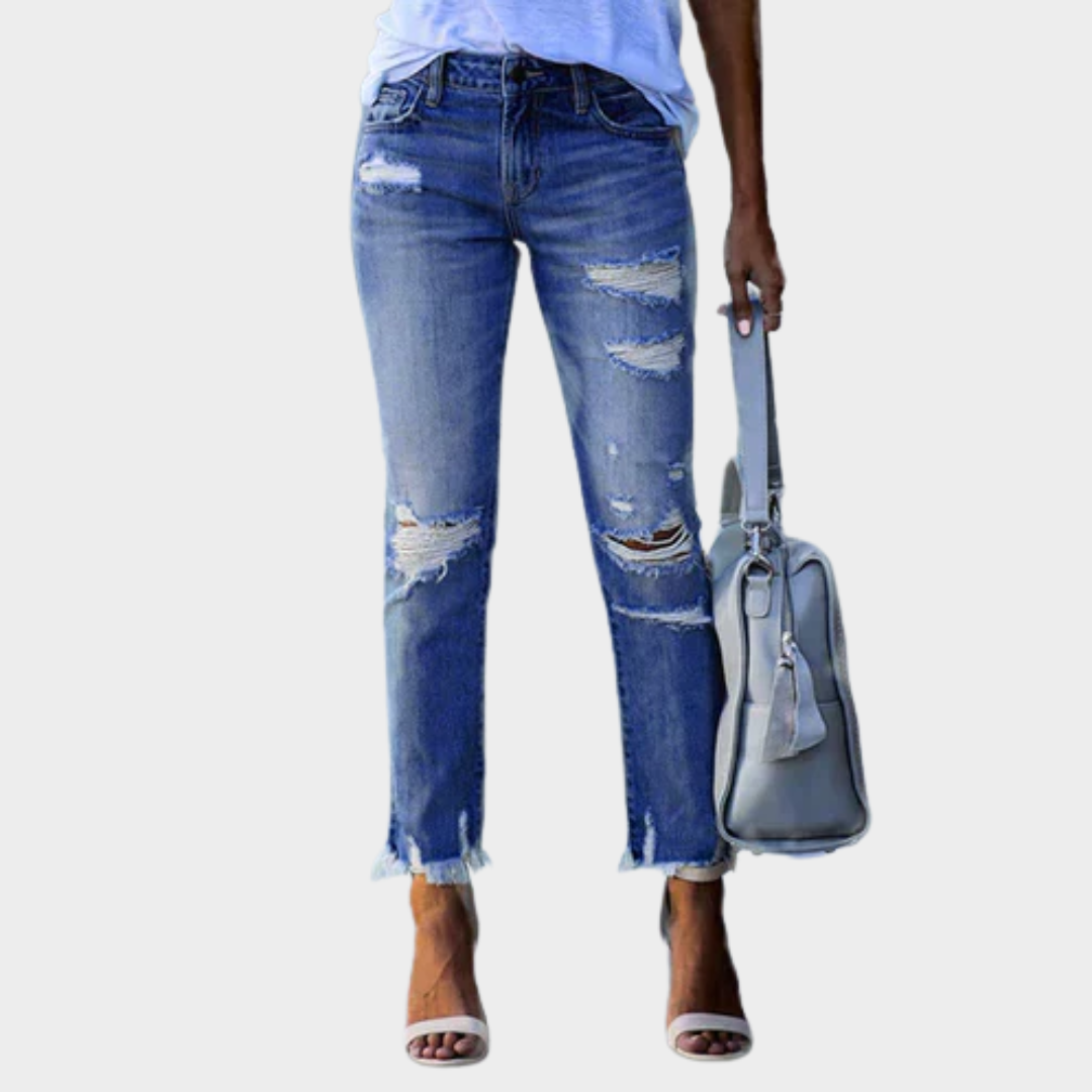 Women's Ripped Slim-Fit Denim Jeans – High-Waist – Vintage Style – Multiple Colours