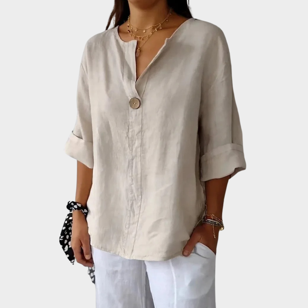 Women V-Neck T-Shirt – Loose Fit Cotton Linen Button Front Top – Multiple Colours