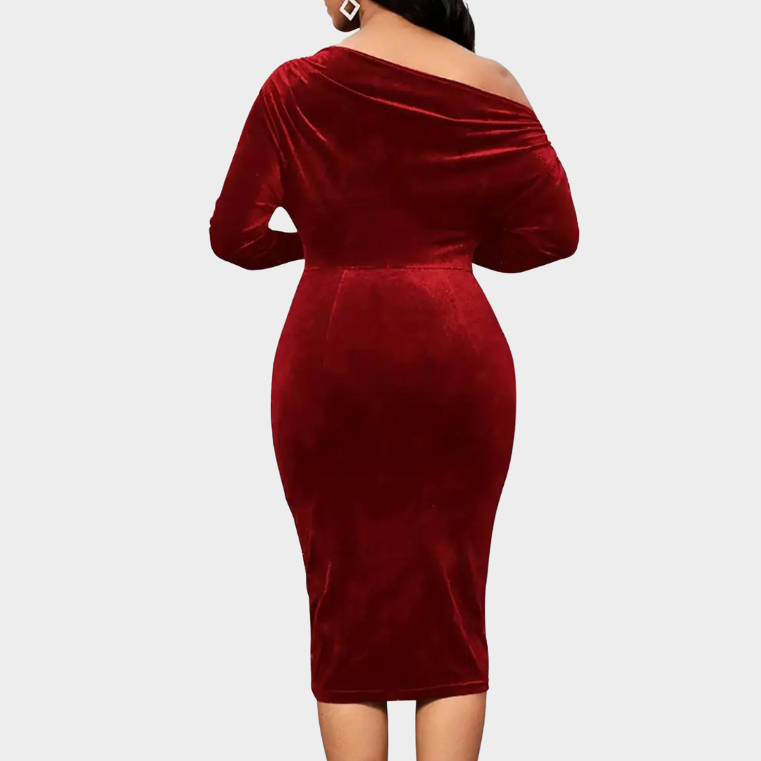 Women’s Velvet Off-Shoulder Bodycon Dress – Long Sleeve Slim Fit Knee-Length Elegant Evening Party Wear – Red