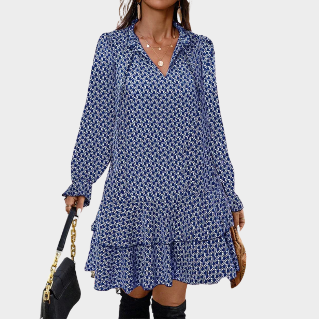 Women's Bohemian Tie-Up V-Neck Dress – Long Sleeve – Relaxed Fit – Lightweight Printed Fabric – Multiple Colours