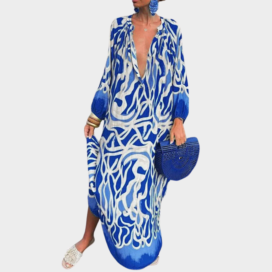 Women's Boho Maxi Dress - Retro Print - V-Neck - Loose Fit - Multiple Colours