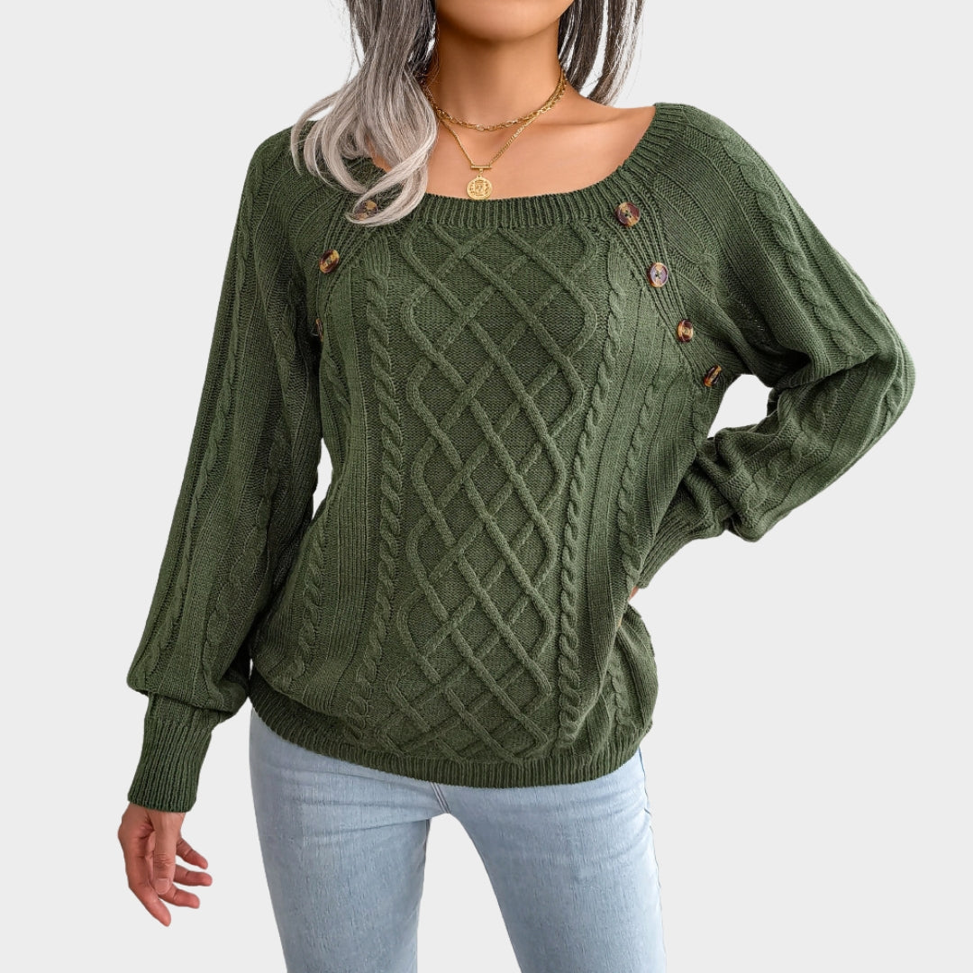 Women’s Cable Knit Sweater – Square Neck, Button Detail, Ribbed, Long Sleeve, Solid Color Pullover