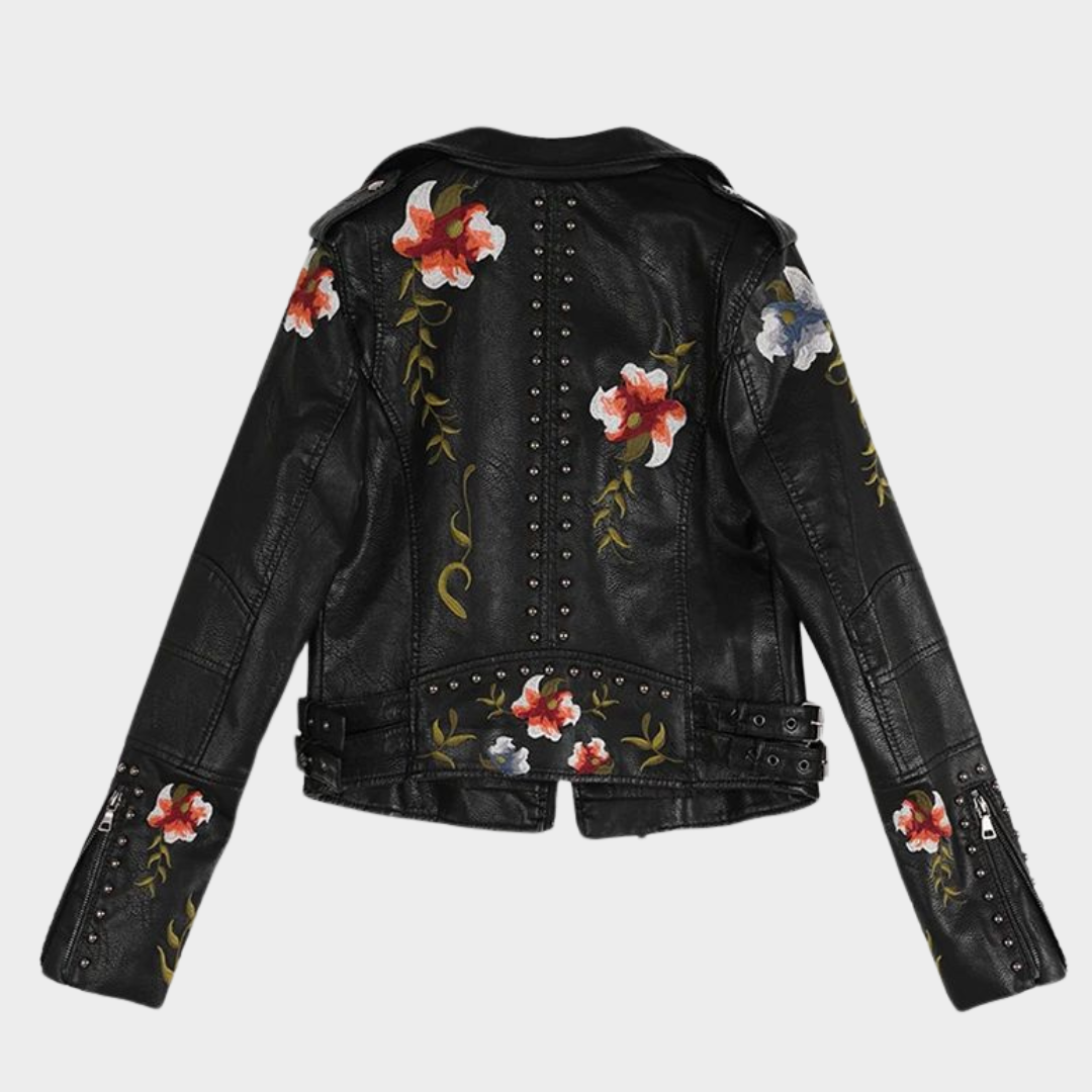 Women's Faux Leather Jacket – Floral Embroidery – PU Motorcycle Coat – Casual Outerwear – Multiple Colours