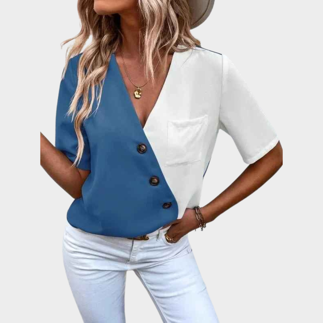 Women's V-Neck Blouse – Colour Splicing Short Sleeve Office Shirt Style – Multiple Colours