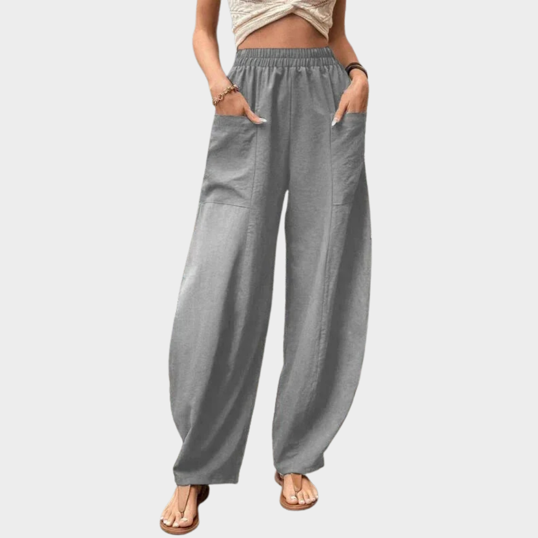 Women’s High Waist Wide Leg Trousers – Elastic Waist with Pockets – Vintage Solid Colour – Comfortable Fit – Multiple Colours