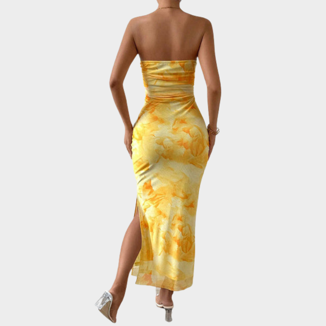 Women's High-Waisted Bodycon Dress – Strapless – Slim Fit – Printed – Yellow