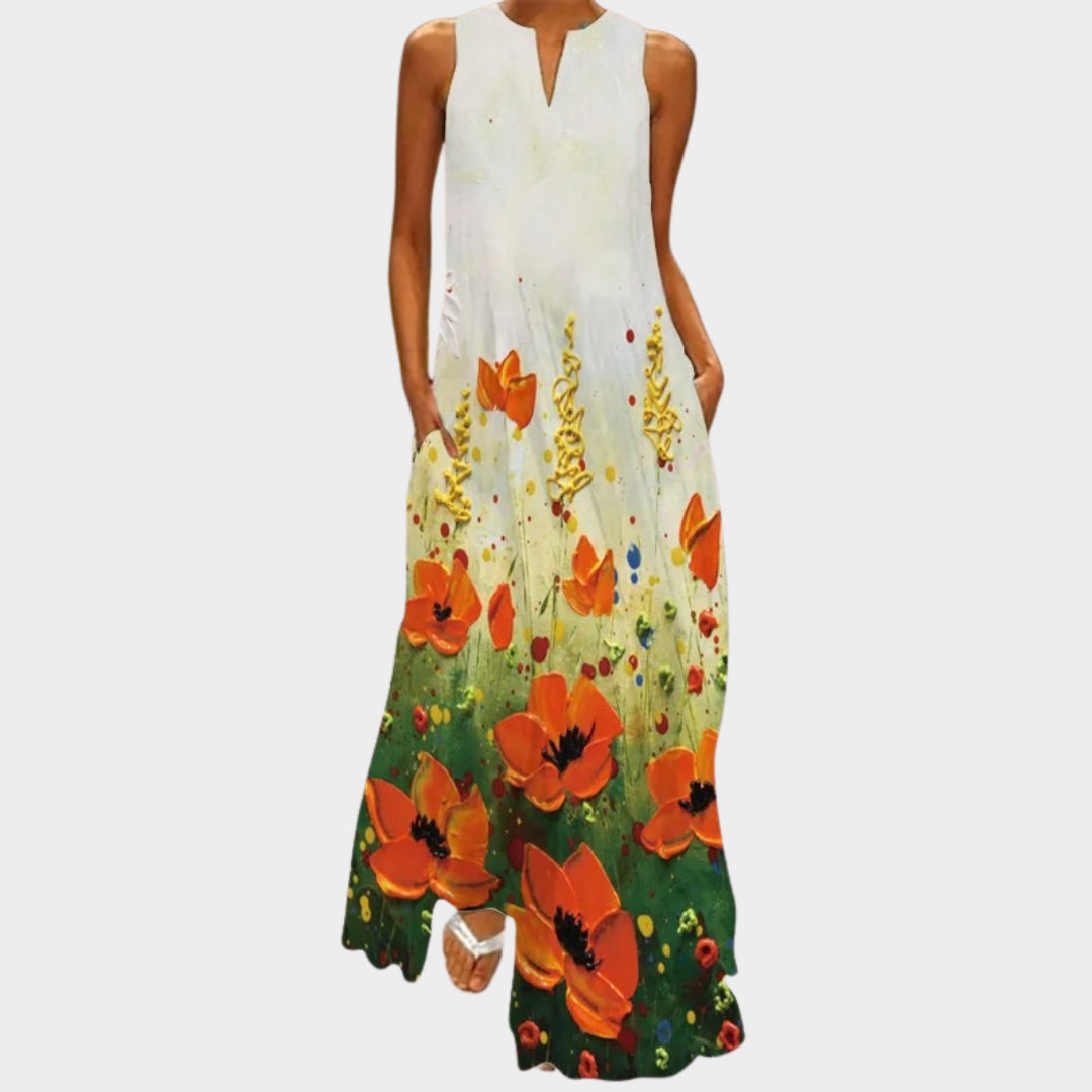 Women’s V-Neck Maxi Dress – Sleeveless – Elegant Vintage Print – Lightweight Material – Multiple Colours