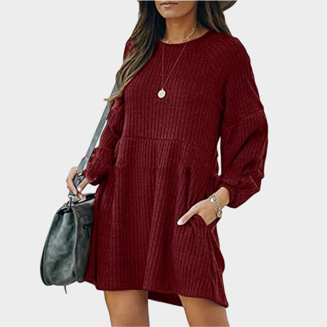 Women Knitted A Line Dress – O Neck Lantern Sleeve Ribbed Mini Dress – Loose Hem Casual Fit – Multiple Colours