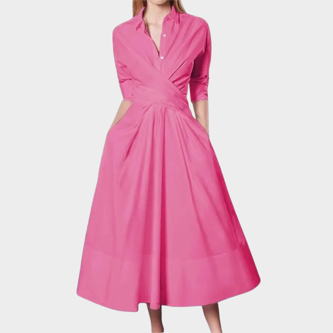 Women Lace-Up Shirt Dress – Lapel Collar High-Waisted Slim Fit Style – Multiple Colours