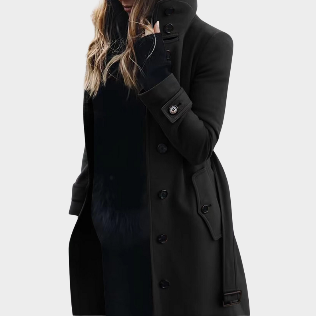 Women's Long Wool Coat – Stand Collar Belted Trench Coat – Button Front with Pockets – Multiple Colours
