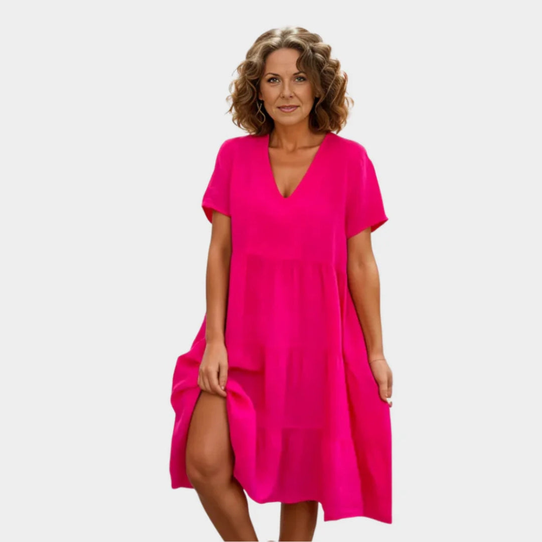 Women's Loose Mid-Length V-Neck Swing Dress – Casual Summer Style, Pink-Red, Brown, Blue
