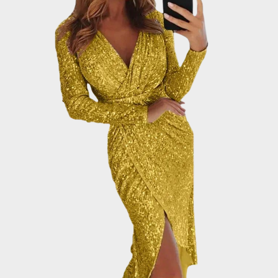 Women's Sequin Wrap Dress – Deep V-Neck – Long Sleeve – Bodycon Fit – Elegant Knee-Length Evening Wear – Multiple Colours