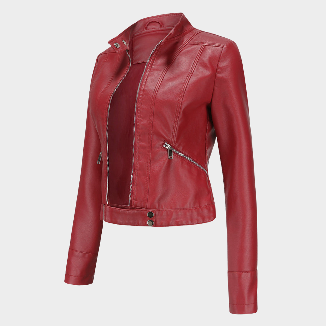 Women's Slim Fit Leather Jacket – Short Length – Stand Collar – Stylish Outerwear – Multiple Colours