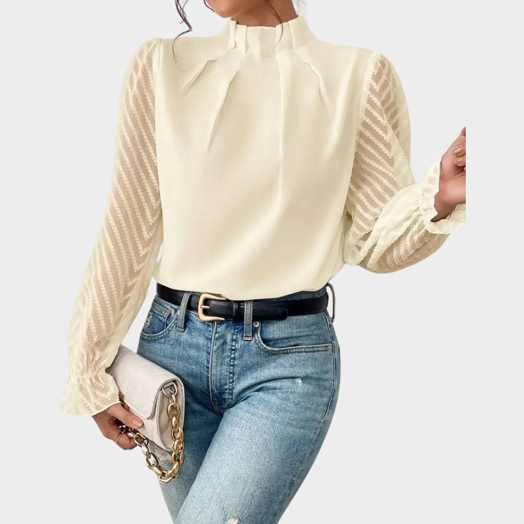 Women’s Relaxed Fit Blouse – High Neck with Sheer Sleeves – Soft Breathable Blend – Elegant Casual Style – Multiple Colours