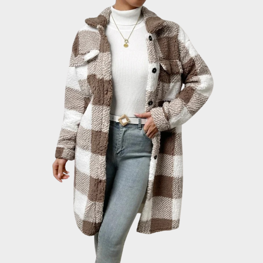 Women Plaid Longline Cardigan Coat – Turn Down Collar Loose Fit Plush Outerwear – Multiple Colours