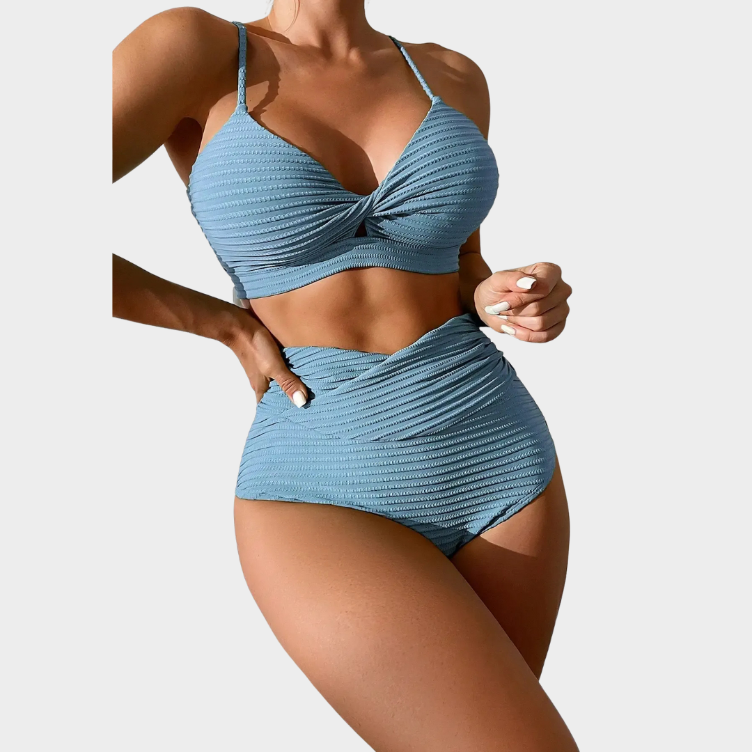 Women Split Bikini Set – High Waist Two-Piece – Supportive Gathered Top – Stretch Fit – Multiple Colours