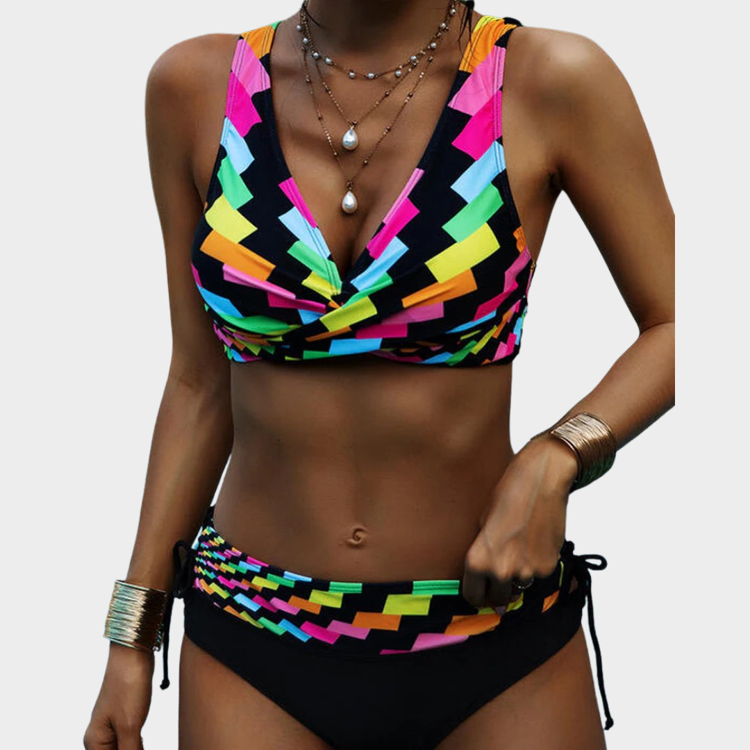 Women Two-Piece Bikini Set – Deep V-Neck Backless High Waist Swimwear – Stripe Print Stretch Fit – Multiple Colours