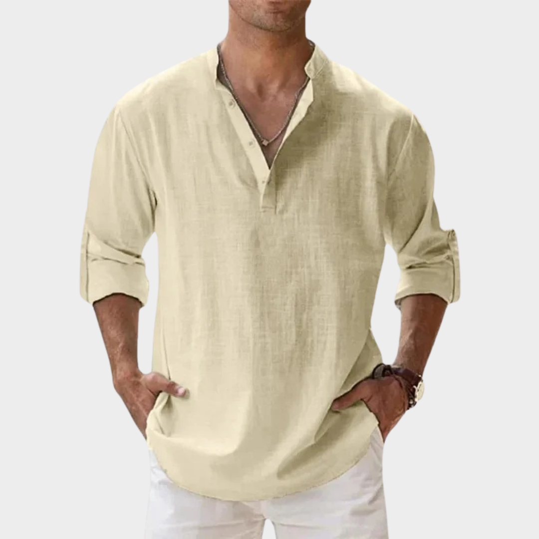 Men’s Relaxed-Fit Long Sleeve Henley Shirt – Lightweight Cotton Linen – Breathable Material – Multiple Colours