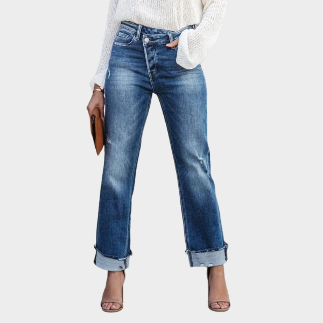 Women's High Waist Straight Leg Jeans – Loose Fit – Distressed Denim – Blue