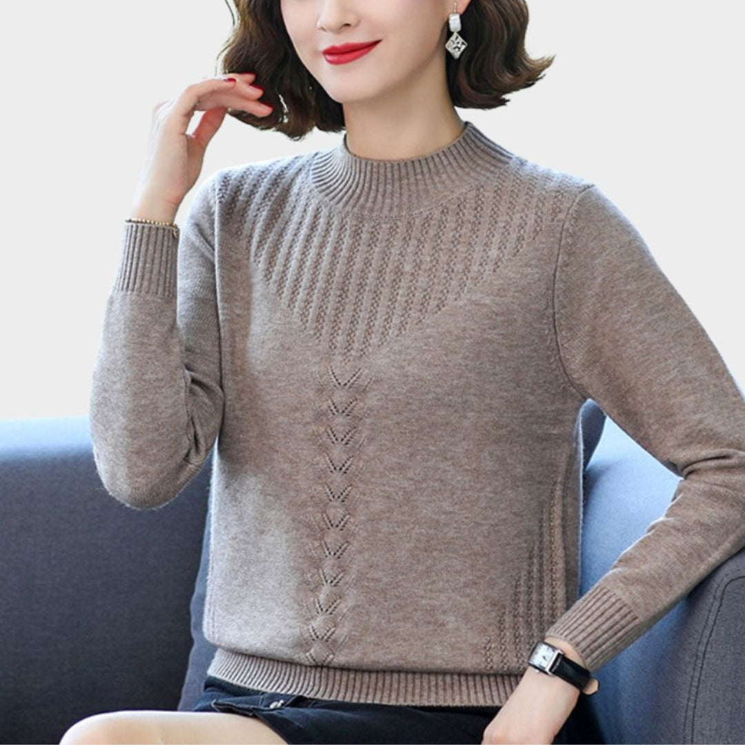 Women’s Half Turtleneck Sweater – Knitted Pullover, Twisted Flower Design, Warm Autumn/Winter Top