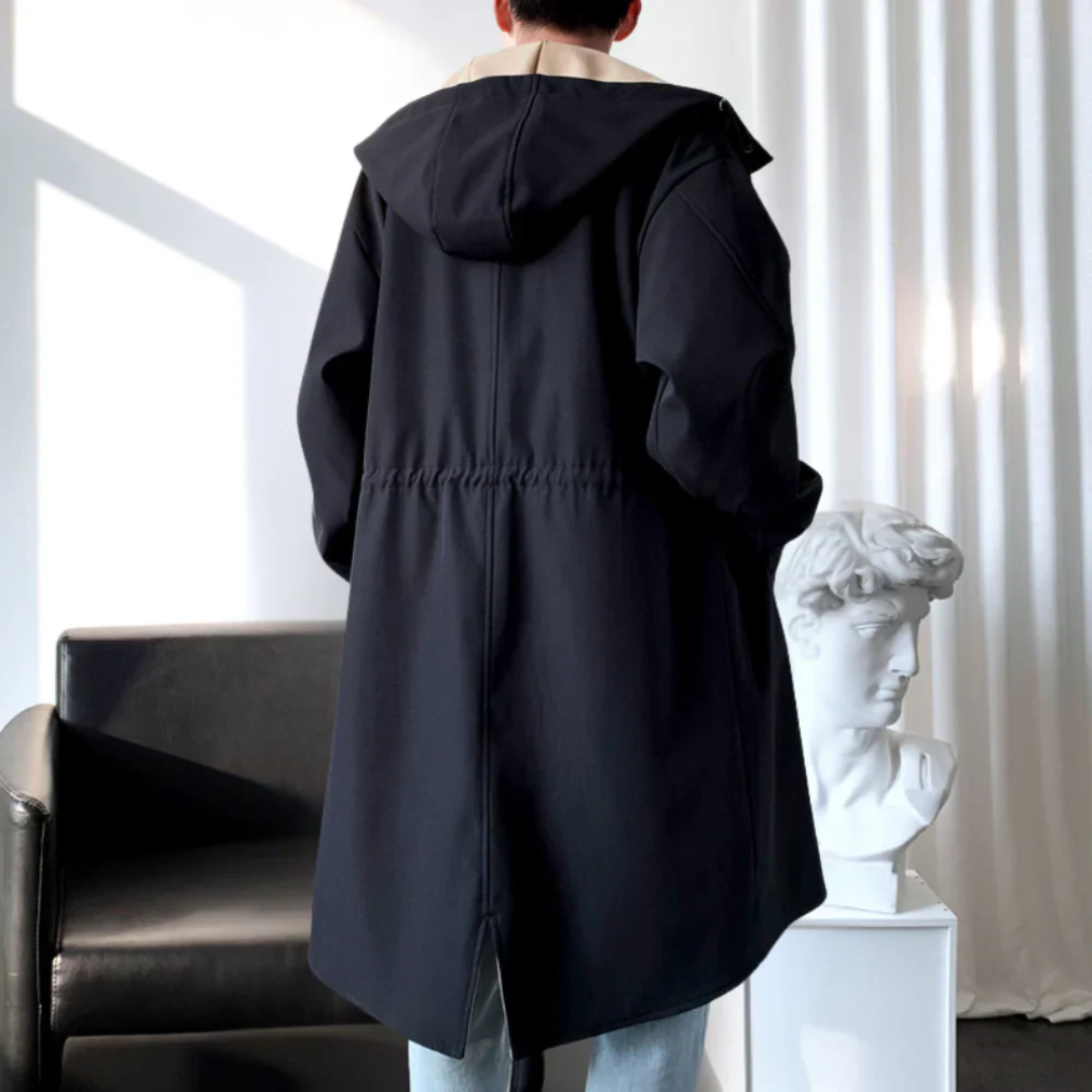 Men’s Long-Line Coat – Relaxed Fit Hooded Design – Snap Closure – Two-Tone Interior – Multiple Colours