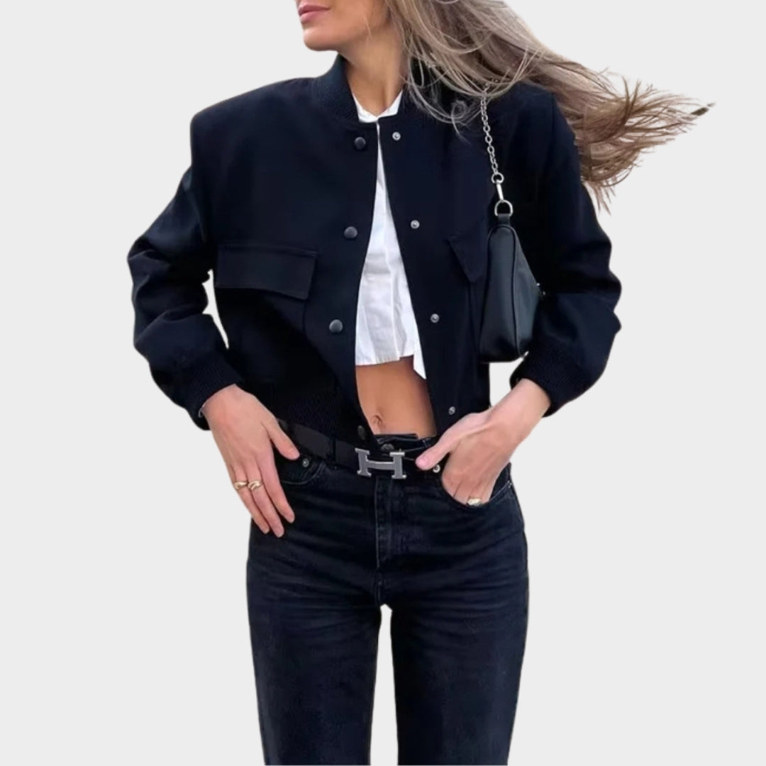 Women’s Cropped Bomber Jacket - Long Sleeve Aviator Baseball Coat, Button Closure, Black, Beige, Navy Blue
