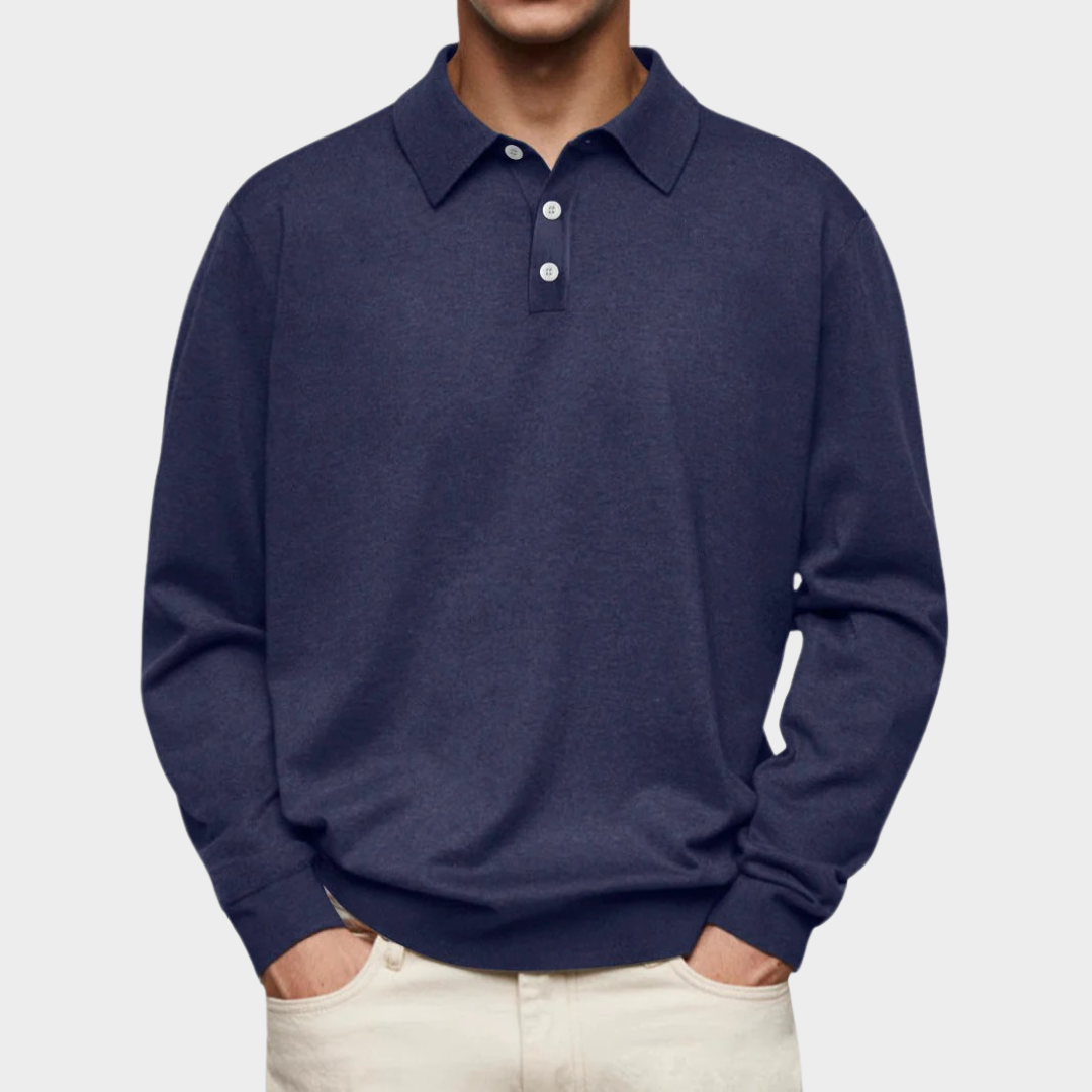 Men’s Long Sleeve Polo Sweatshirt – V-Neck Casual Fit – Velvet Texture with Button Detail – Multiple Colours