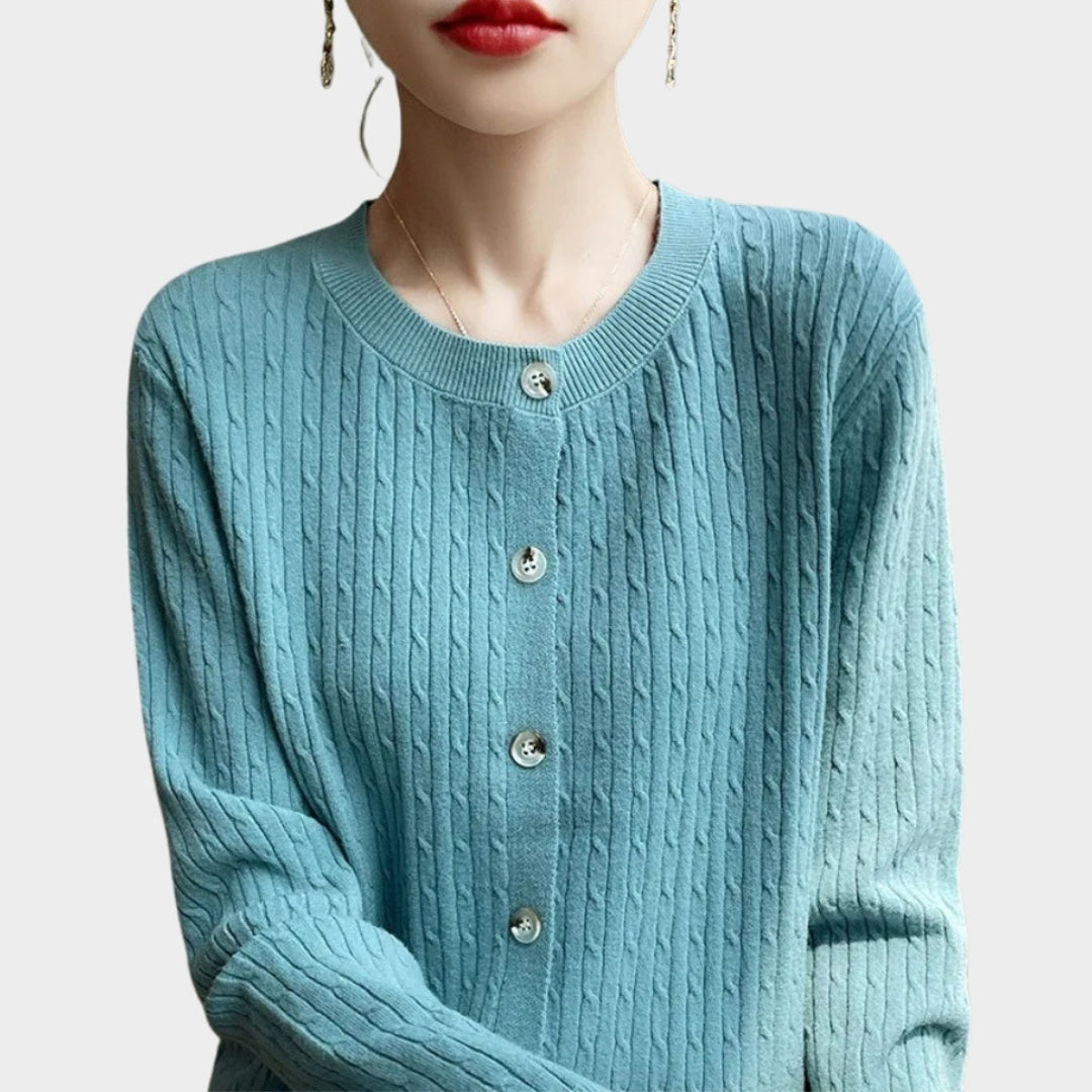 Women’s 100% Merino Wool Sweater – O-Neck Hollow Twisted Cardigan, Long Sleeve Knitted Top, Multiple Colors